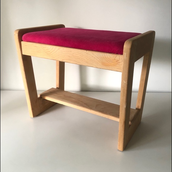 Vintage Other - Vintage | 'Crest of Pine' | MCM Pine Stool w/ Fuschia Velvet Seat